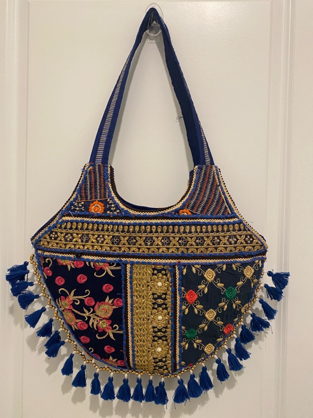 Boho Embroidered Tassel Shoulder Bag - Navy